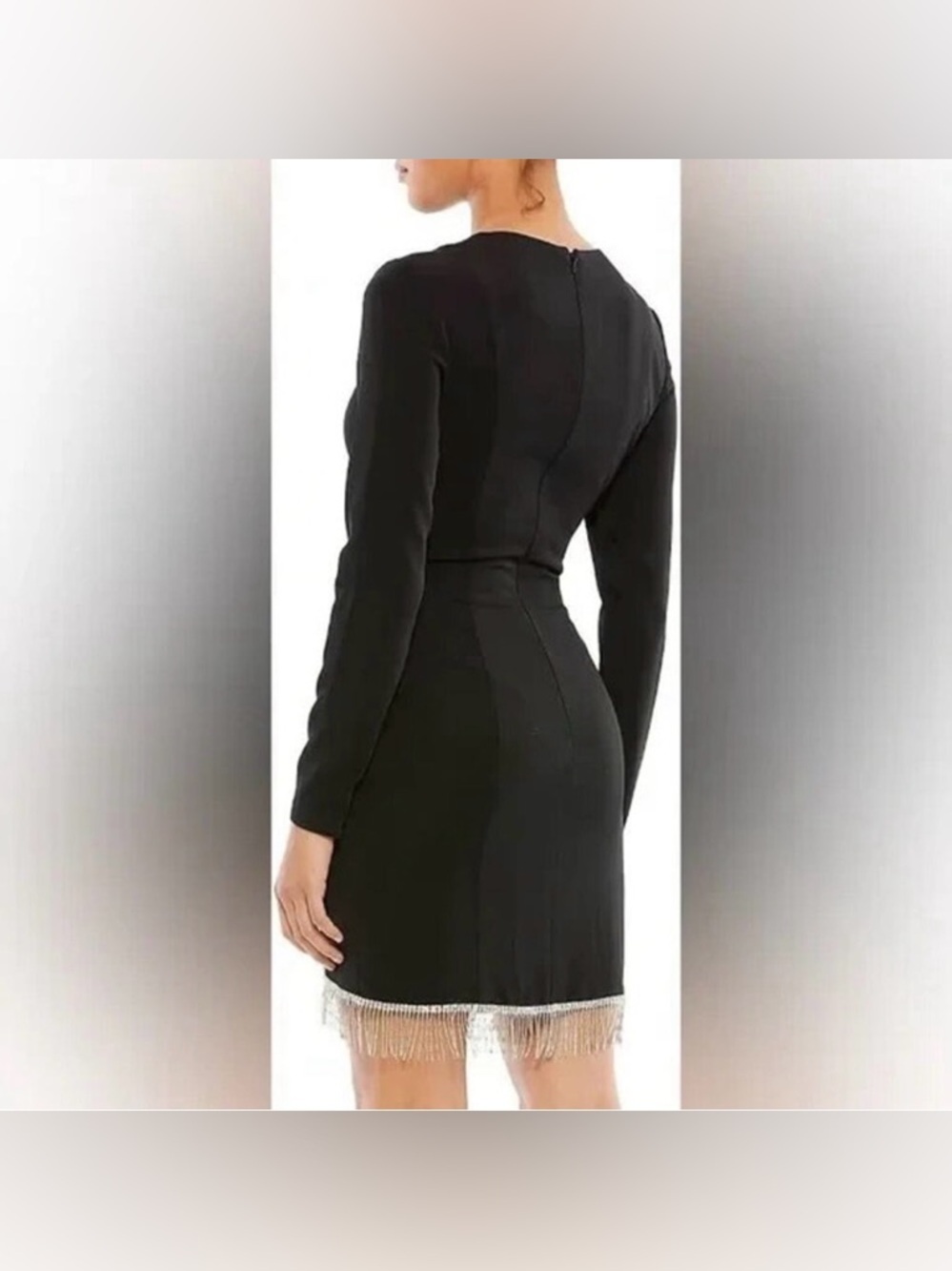 Mac Duggal 26679 Black Long
Sleeved Asymmetrical Beaded
Hem Fringe Mini NWT 2 - Picture 4 of 6